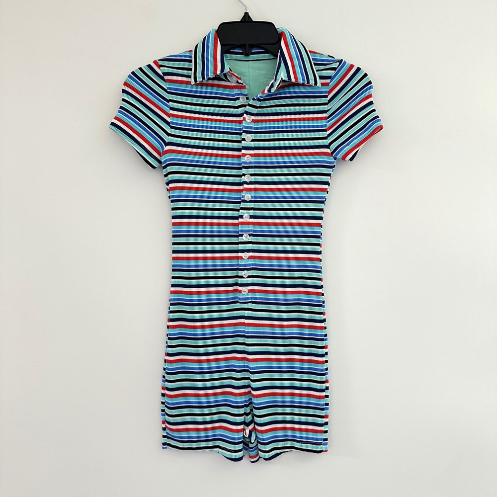 Miesis Swimwear Striped Ribbed Knit Ivy Romper Womens XS Short Sleeve Polo Retro